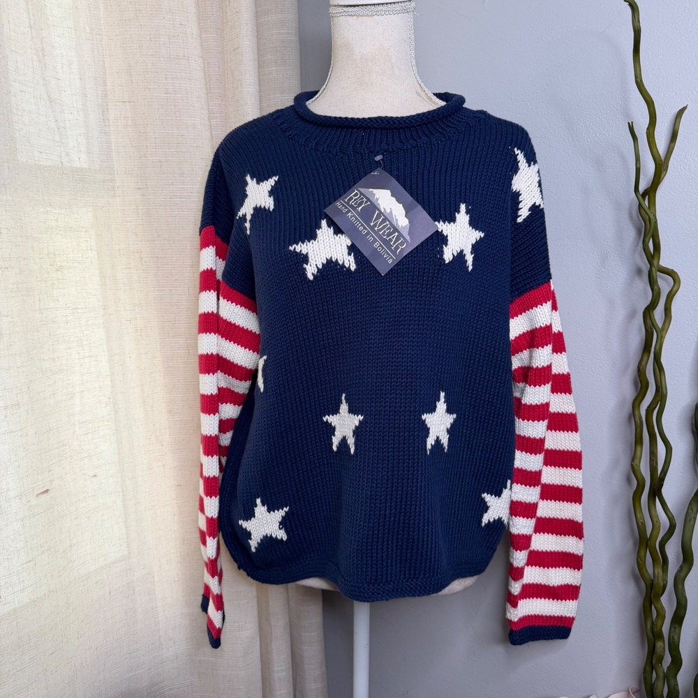 NWT Rey Wear Hand Knit Stars Stripes Cotton Sweater USA America Women's Size S/M